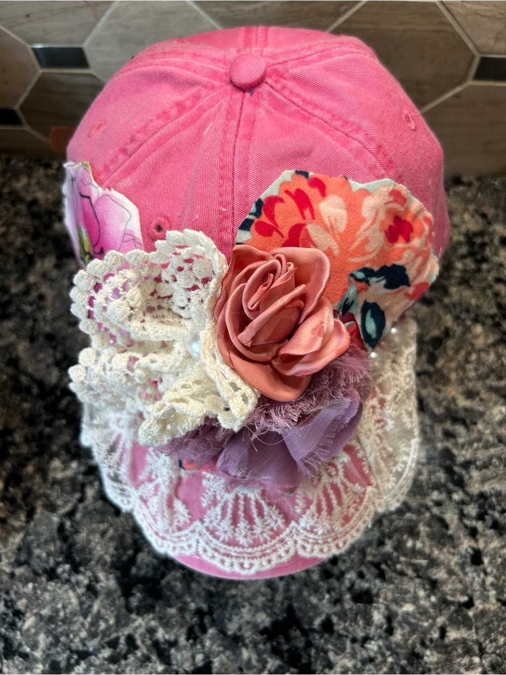 NewHandcrafted Boho Cottagecore Women Pink Lace Floral Baseball Cap OOAK - Picture 10 of 10